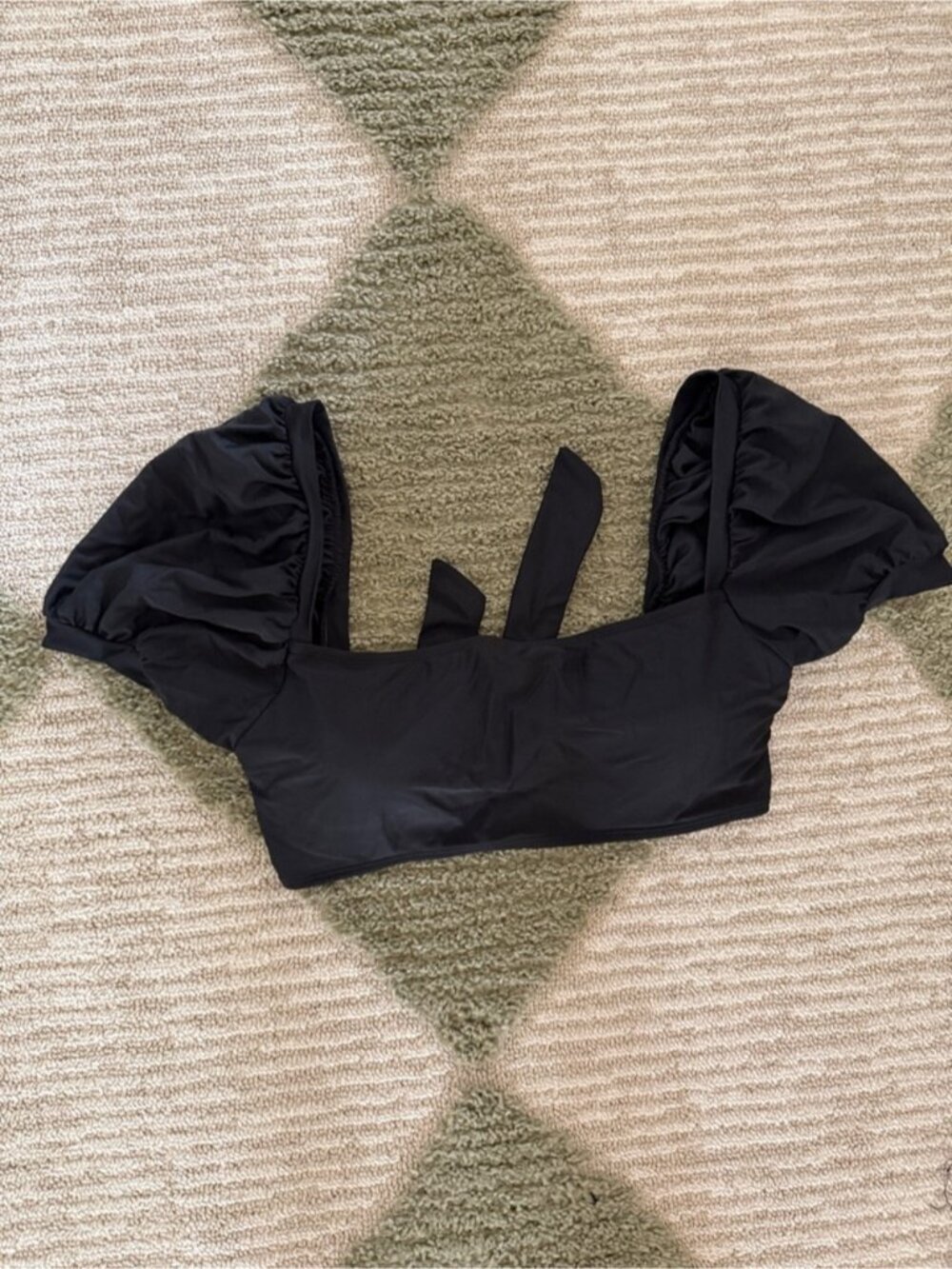 Women’s Black Puff Sleeve Bikini Top with Tie Back - Picture 1 of 1
